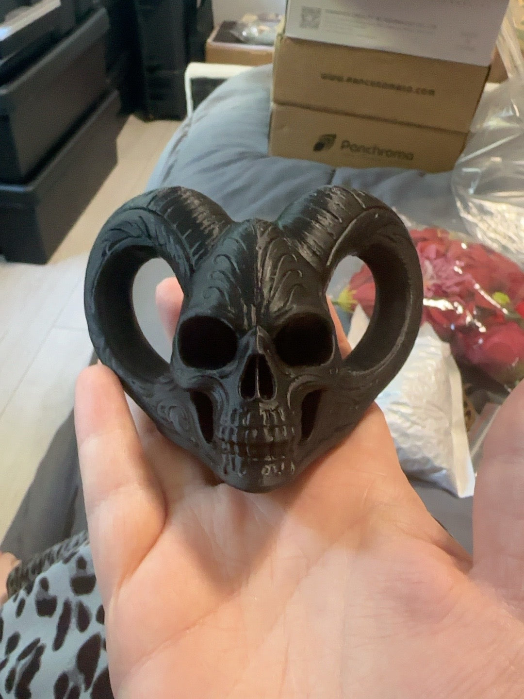 Black 3D printed horned demon skull with curled ram horns