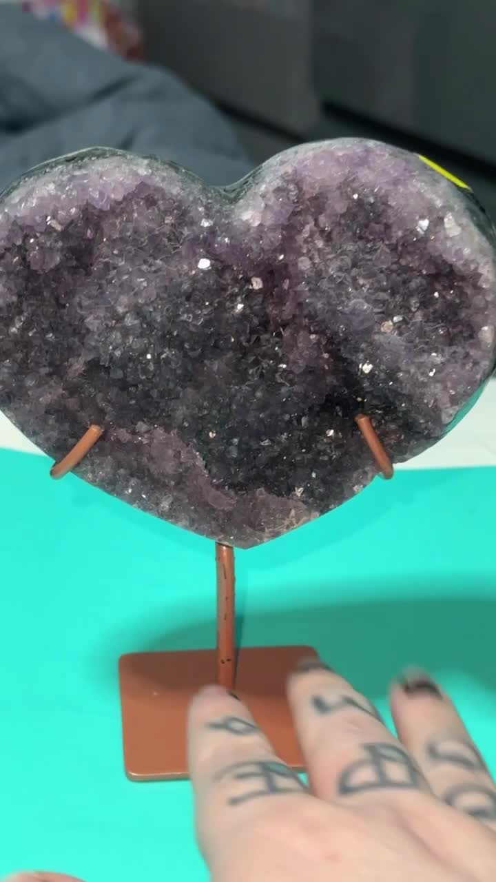 Purple Amethyst Heart with Stand – 600g+ Brazilian Geode