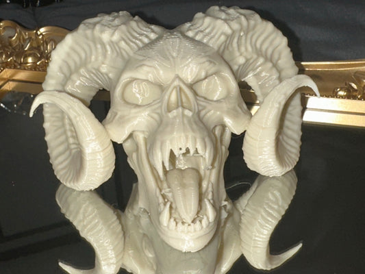 3D printed demon skull with curled horns and tongue in bone white