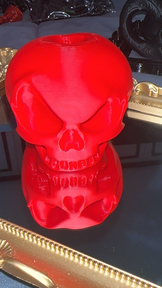 Red 3D printed apple skull viewed from the front