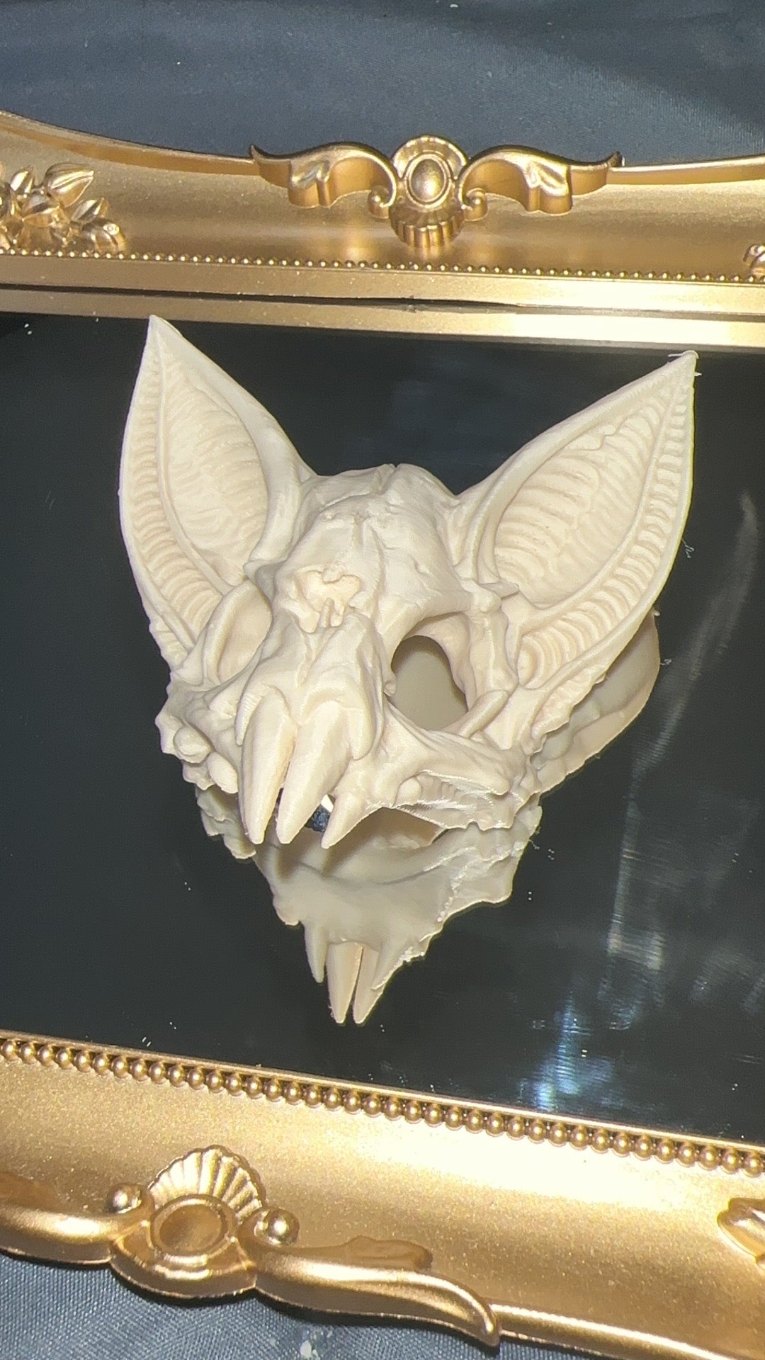 Small white bone style 3D printed bat skull front view