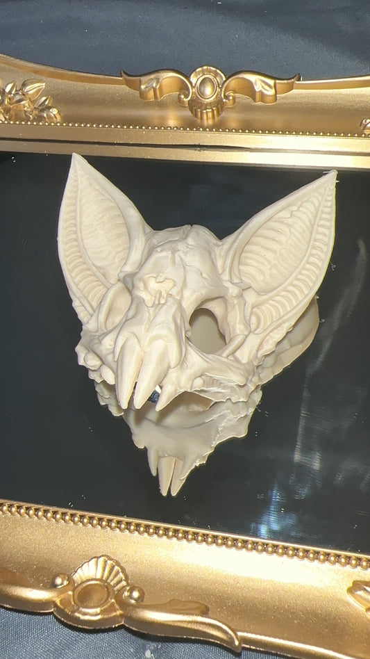 Small white bone style 3D printed bat skull front view